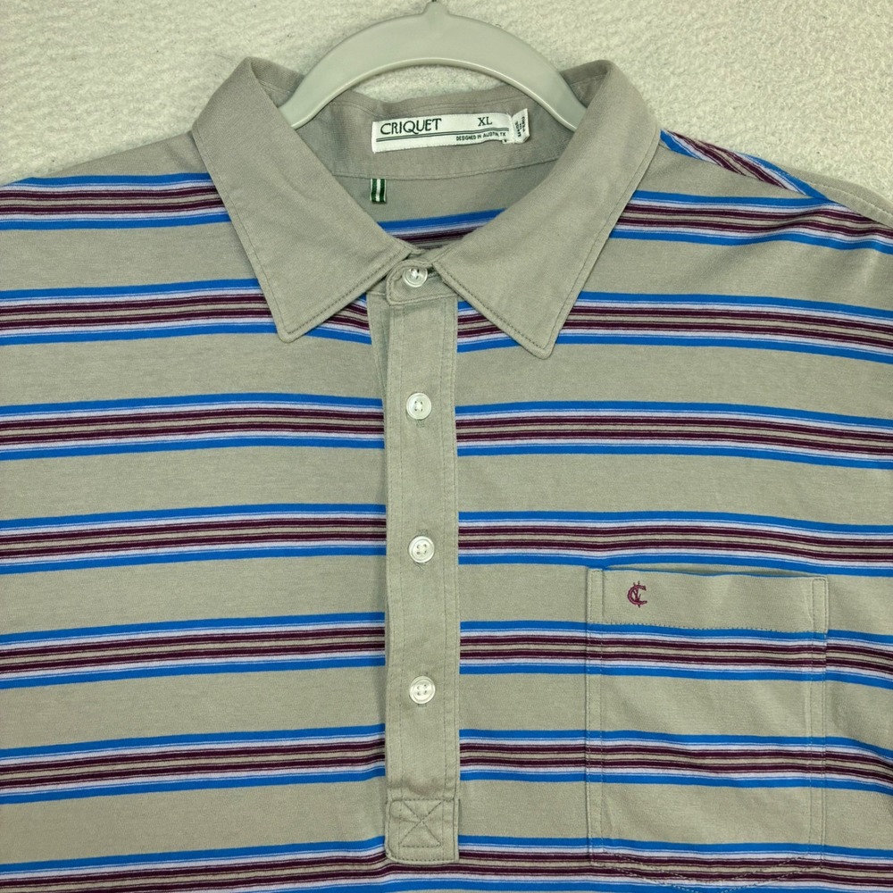 Criquet Polo Shirt Men XL Gray Striped Performance Preppy Stretch Organic Cotton